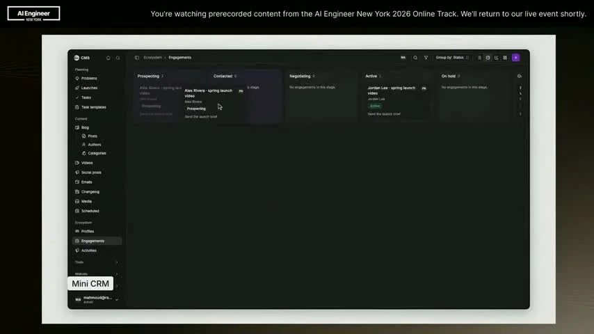 Railway’s internal Mini CRM groups creator engagements by status, with shared content and planning navigation alongside it.