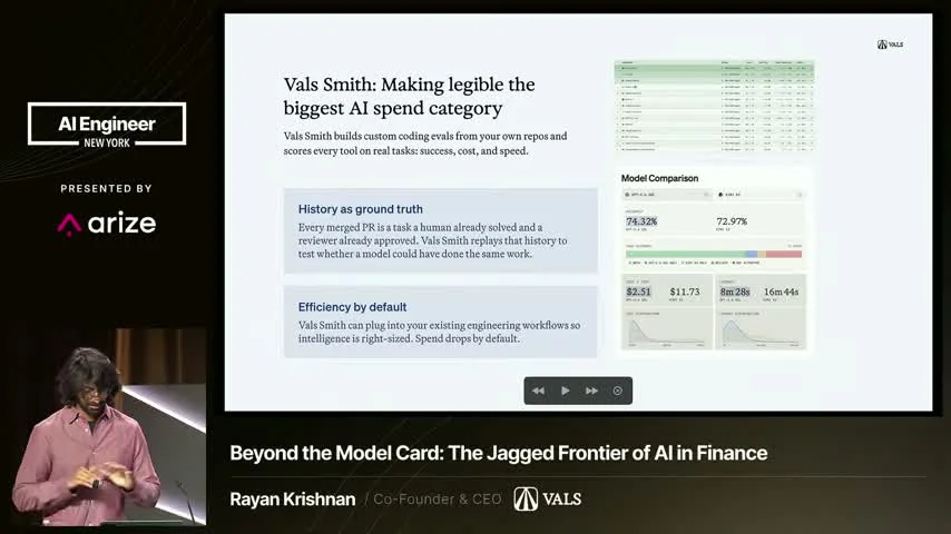Vals Smith slide pairs merged-pull-request history with a model comparison showing success rate, cost, and completion time.